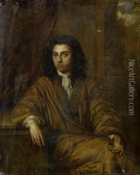 Portrait Of A Gentleman, Three-quarter-length, In Brown Costume, Seated In A Loggia And Holding A Pearl Necklace Oil Painting - Simon van der Does