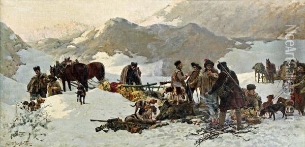 Wildschweinjagd In Den Karpaten Oil Painting - Jaroslav Friedrich Julius Vesin