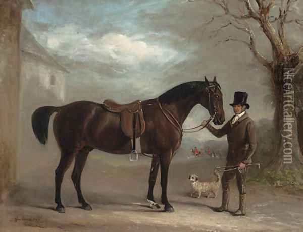A bay hunter held by a groom, with a dandie dinmont, outside a stable, huntsmen and hounds beyond Oil Painting - John Jnr. Ferneley