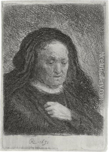 The Artist's Mother With Her Hand On Her Chest (b., Holl. 349; H. 50; Bb. 31-g) Oil Painting - Rembrandt Van Rijn