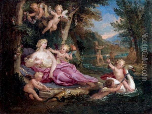 Venus, L'hymen Et Les Amours Jouant Avec Un Cygne Oil Painting - Louis de Boulogne the Younger
