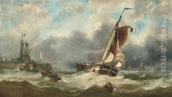 High Tide Off Boulogne: A French Barge Caught In A Swell Off The Harbour Mouth Oil Painting - John Callow