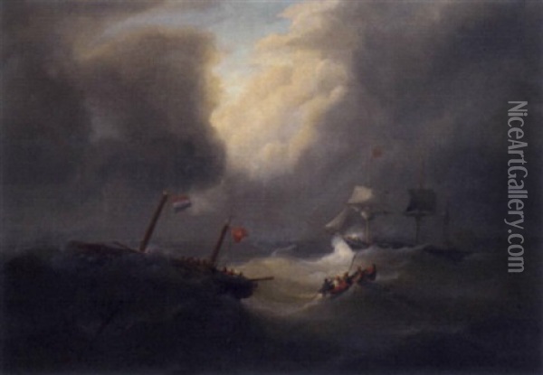 A Dismasted Vessel In A Heavy Gale Oil Painting - Christian Cornelis Kannemans