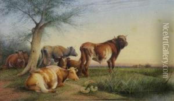 Cattle In A Meadow Oil Painting - Frederick E. Valter
