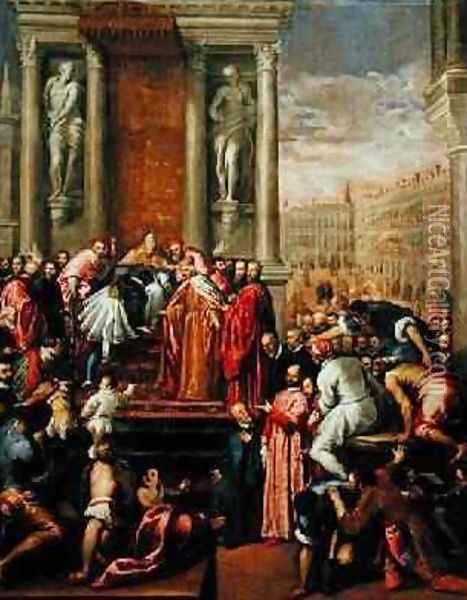 Pope Alexander III 1105-81 and Doge Sebastiano Ziani c.1102-80 Send the Young Ottone to Frederick Barbarossa c.1123-90 Oil Painting - Palma Vecchio (Jacopo Negretti)