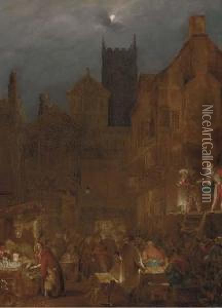 Figures In A Moonlit Market Before An Open Theatre Oil Painting - Condy, Nicholas Matthews