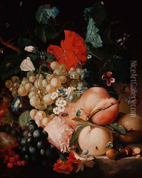 Mixed Flowers and Fruit with Insects on a Marble Plinth Oil Painting - Jan Van Huysum