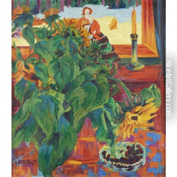 Sunflowers On A Table In Front Of The Window Oil Painting - Philipp Bauknecht