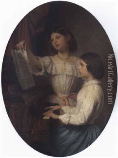 Deux Jeunes Filles Au Piano Oil Painting - Lonis-Joseph Devemy