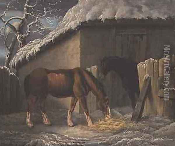 A Winter landscape with two horses feeding outside a stable Oil Painting - Thomas Hand