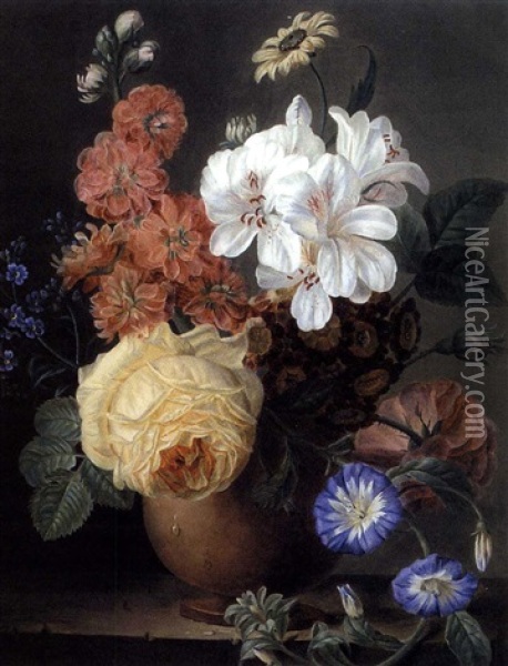 Vase De Fleurs Avec Une Rose Jaune Et Des Paquerettes Sur Un Entablement Oil Painting - Jean-Francois Eliaerts