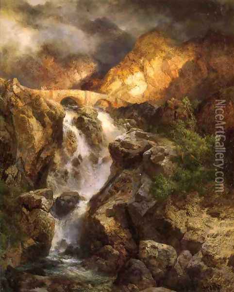 Cascading Water Oil Painting - Thomas Moran