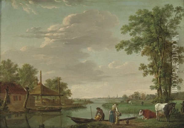 A River Landscape With Figures By An Embankment Oil Painting - Johannes I Janson