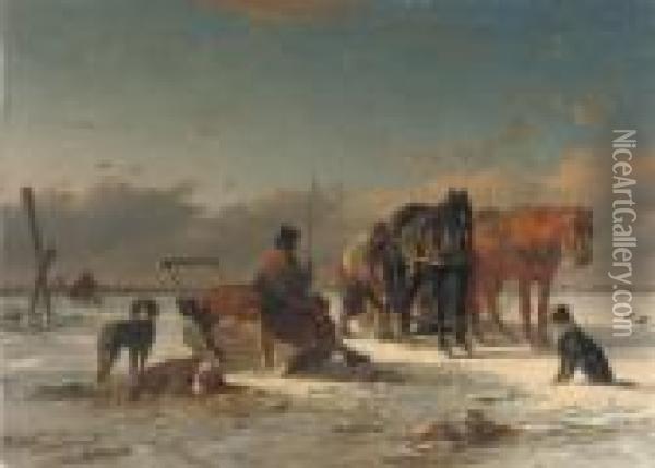 Preparing For The Horse-drawn Sleigh-ride Oil Painting - Joseph Jodocus Moerenhout