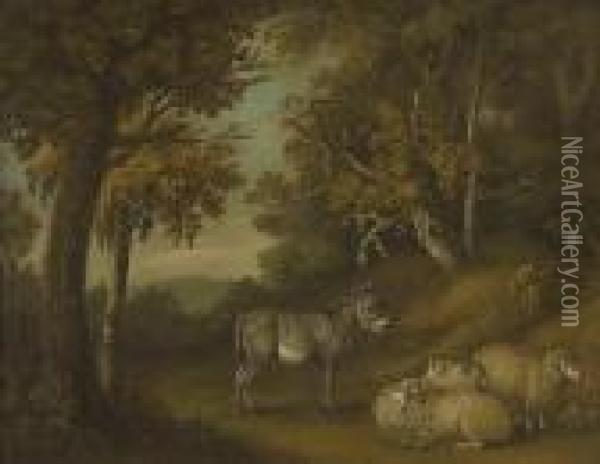 A Sand Picture Depicting A Donkey And Sheep Sheltering On A Wooded Country Track Oil Painting - George Morland