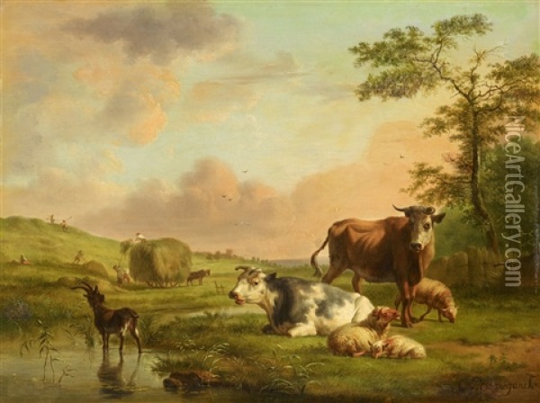 Landscape With Hay Harvest And Animals Oil Painting - Balthasar Paul Ommeganck