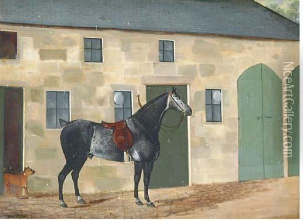 Bob, A Dapple-grey And A Terrier Outside A Barn Oil Painting - W. M. Fellows