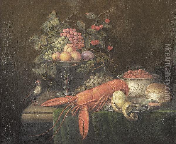 Still Life Of A Lobster, A Compote Of Fruit And A Songbird Oil Painting - Jan Davidsz De Heem