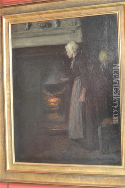 Cottage Interior With A Lady Beside A Fireplace (peggy Valvert?) Oil Painting - Mark Senior