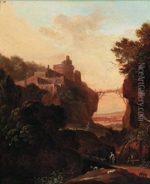 An Extensive Landscape With A Clifftop Over A Gorge Oil Painting - Cornelis Van Poelenburgh