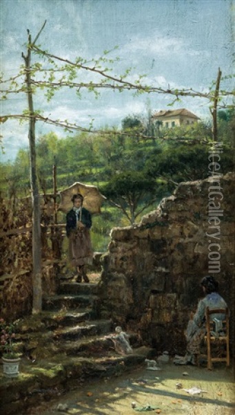 Angolo Del Cascinale Con Figure Oil Painting - Alceste Campriani