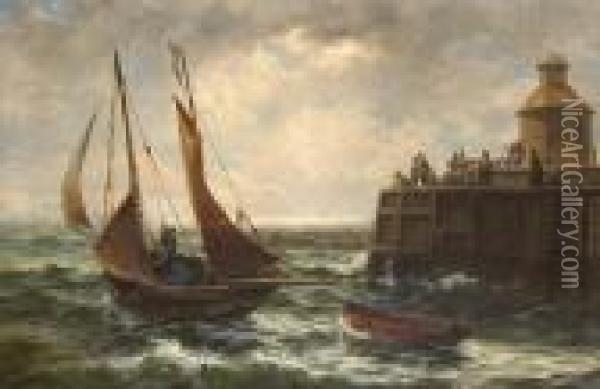 Herring Drifters Leaving Gorleston Harbour Oil Painting - Thomas Rose Miles
