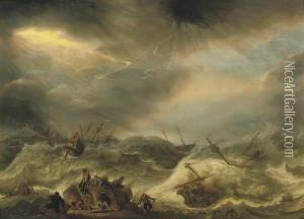 A Shipwreck In Stormy Waters Oil Painting - Adam Willaerts