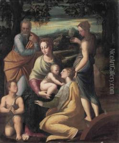 The Holy Family With The Infant 
Saint John The Baptist, Saintsmargaret And Mary Magdalene Oil Painting - Girolamo Francesco Maria Mazzola (Parmigianino)