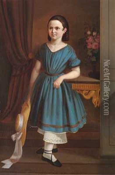 Lille Pige I Bla Kjole Staende Ved Konsol, Hvorpa Rosenbuket Oil Painting - Joann P. Ebbesen