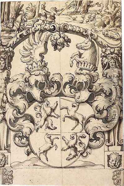 A heraldic shield with rampant lions and unicorns in the quarterings Oil Painting - Hans Jakob Plepp