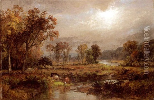 Cattle Watering In An Autumn Landscape Oil Painting - Jasper Francis Cropsey