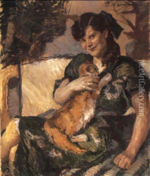 Madchen Mit Katze (girl With Cat) Oil Painting - Beppo (Joseph) Steinmetz