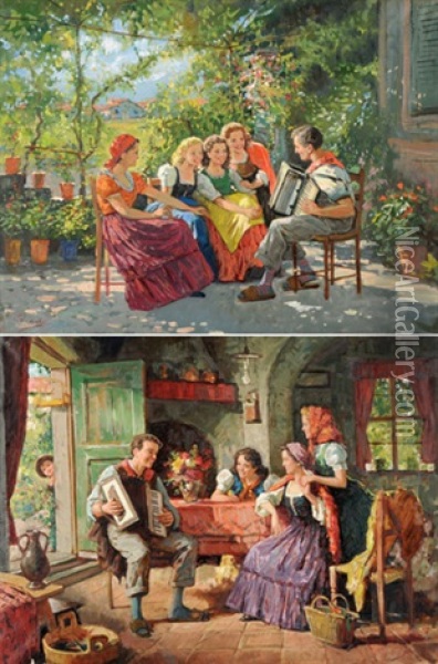 Die Handorgelspieler (pair) Oil Painting - Lorenzo Cecconi