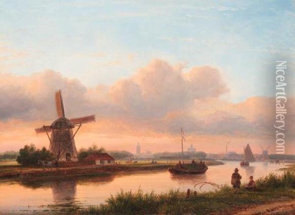 A Panoramic Summer Landscape With Barges On The Trekvliet, Thehague In The Distance Oil Painting - Lodewijk Johannes Kleijn