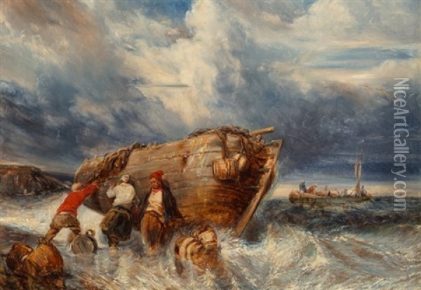 Casting Off In Stormy Seas Oil Painting - Louis-Gabriel-Eugene Isabey
