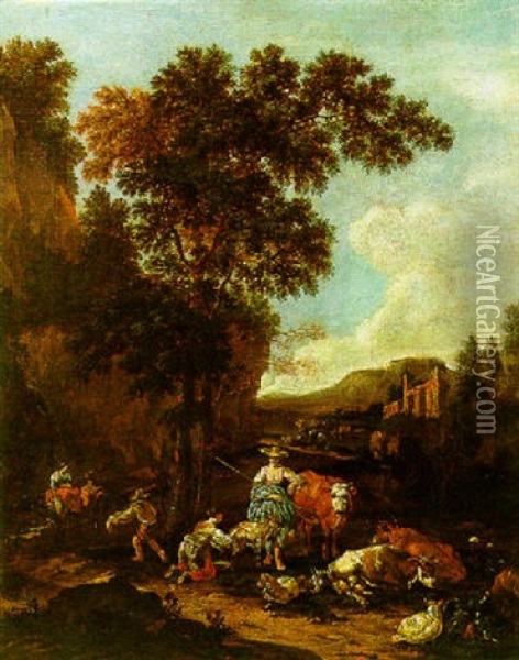 An Italianate River Landscape With Figures And Cattle Resting By Ruins Oil Painting - Johannes van der Bent