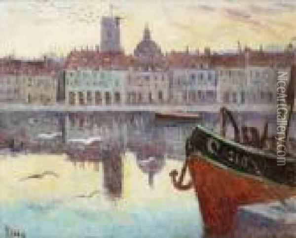 Bateaux Amarres Dans Le Port De Dieppe Au Soleil Couchant Oil Painting - Maximilien Luce