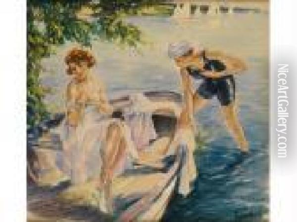 Zwei Badende Madchen Im Kahn Am Ufer Eines Sees Oil Painting - Edward Alfred Cucuel