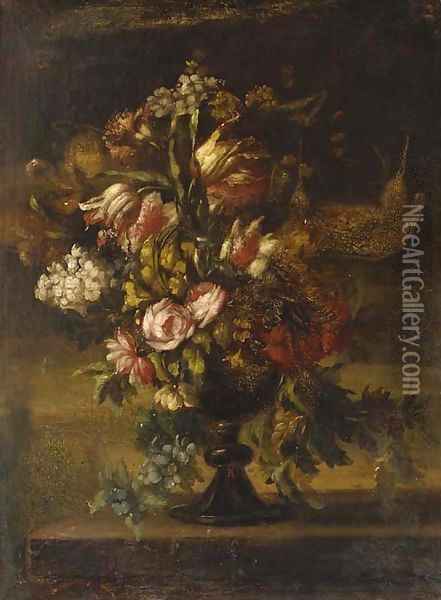 Roses, lilies, carnations and other flowers in a black vase Oil Painting - Italian School