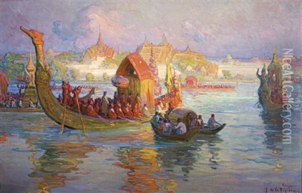Barques Royales, Bangkok Oil Painting - Joseph De La Neziere