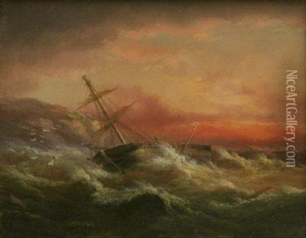 Wreck Off The Coast At Sunset & Rugged Cliffs Oil Painting - Edward King Redmore