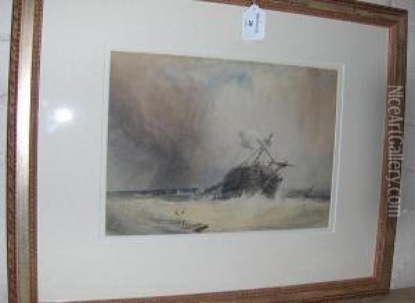 Ship In Rough Seas With Figures Boarding Thelifeboats, Signed, Watercolour Oil Painting - Charles Bentley