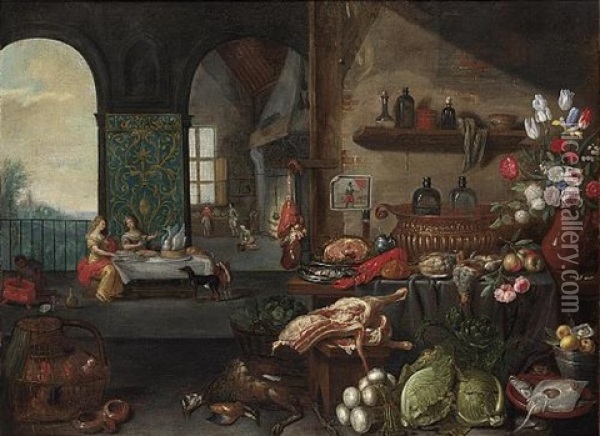A Kitchen Still Life With A Ham And Herring On Silver Plates, A Sugar Jar, A Lobster, Bread, Pheasants, Apples, Flowers In A Vase And Two Glass Bottles Oil Painting - Jan van Kessel the Elder