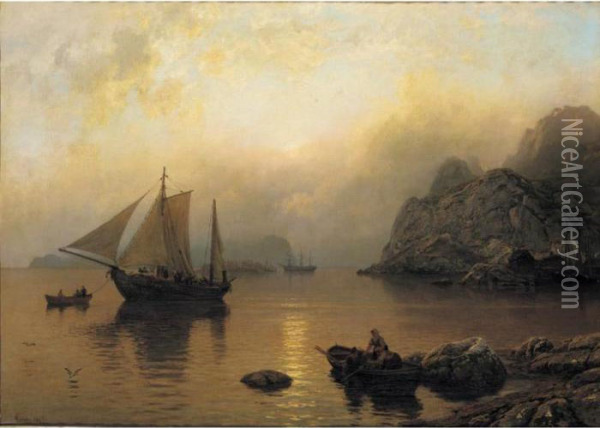 Fishing Party At Sunrise Oil Painting - Hans Fredrik Gude