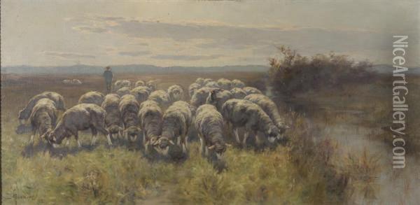 Berger Et Son Troupeau De Moutons Oil Painting - Henry Singlewood Bisbing