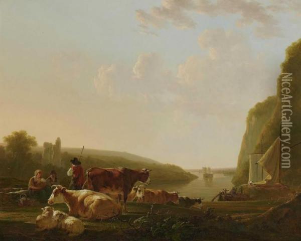 Rastende Bauern Mit Vieh Am Ufer Eines Flusses. Oil Painting - Jacob Van Stry