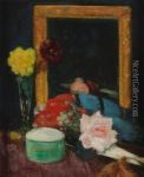 Still Life With Pink Rose Oil Painting - George Leslie Hunter