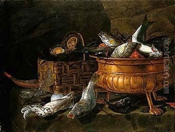 Still Life Of Oysters In A Basket, Fish In A Brass Bowl, And Squid And Other Fish Arranged On A Ledge Oil Painting - Giuseppe Recco