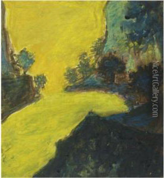 Untitled (yellow Landscape) Oil Painting - Rabindranath Tagore