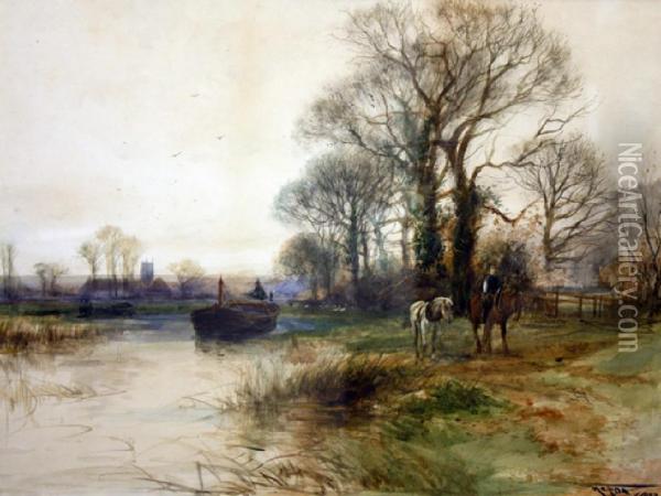 Horses By A River With A Barge Oil Painting - Henry Charles Fox